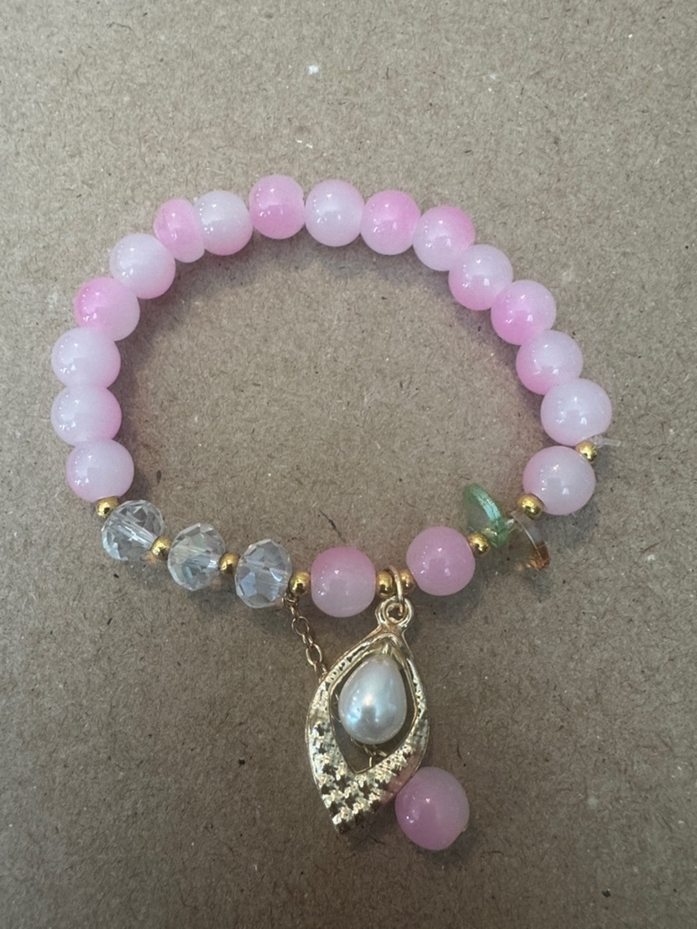 Pink Beaded Bracelet with Gold Pearl Teardrop Charm